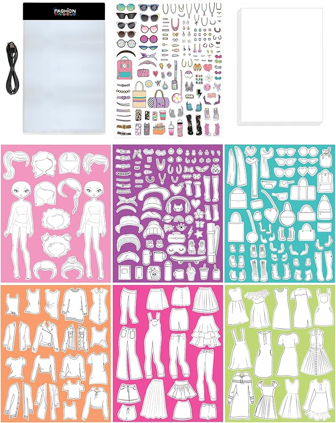 Fashion Angels Fashion Design Light Up Sketch Pad 12521, Light Up Tracing Pad, Includes USB, Ultra Thin Tablet, Includes Stencils and Stickers, Recommended for Ages 8 And Up