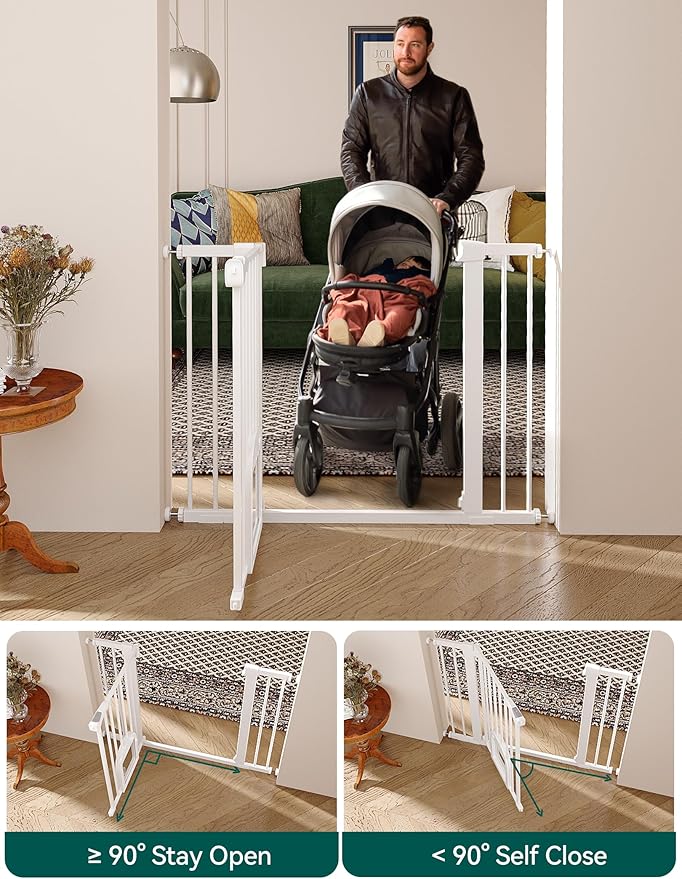 Babelio Baby Gate with Adjustable Cat Door,29-43" Auto Close Durable Pet door for Stairs,Doorways and House,Pressure Mounted,Easy Install,Effortless Walk Thru,White