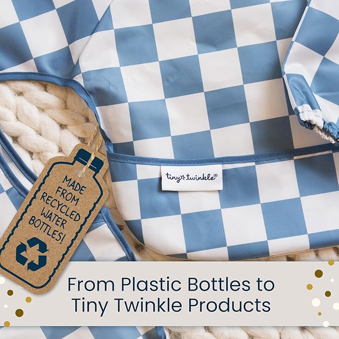 Tiny Twinkle Mess Proof Apron Bibs - 2 Pack Waterproof & Lightweight Baby Bibs for Led Weaning | 100% Recycled Polyester, Easy Clean & Machine Washable (Sage Charcoal,Small 6-24 Months)