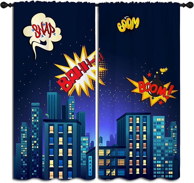 Superhero Rod Pocket Blackout Curtains for Boy Girl Bedroom, Cartoon Skyline Buildings Cityscape Home Energy Efficient Light Filtering Window Curtain for Living Room, 42x63 inch