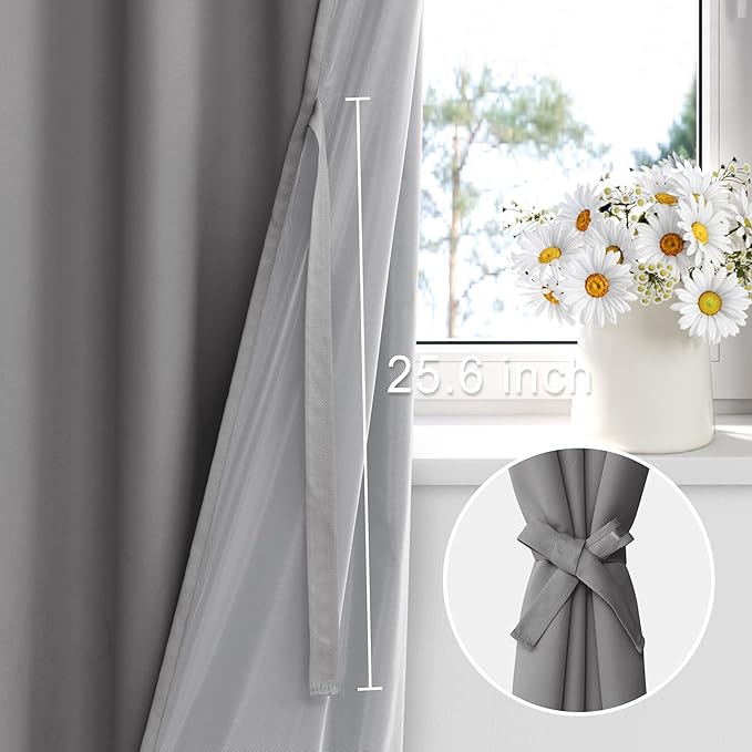 XWZO 100% Blackout Curtain Panels - Rod Pocket Thermal Insulated Black Liner, Noise Reducing and Heat Blocking Drapes for Hall and Extra Wide Windows with Tiebacks, Grey, W70 x L63, Set of 2
