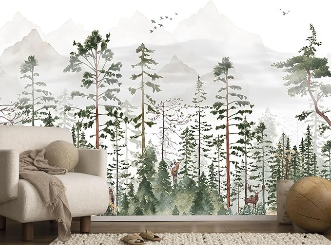 Green Forest Woodland Wallpaper Wall Mural for Nursery Room Girls Room Boys Room(Not Self-Adhesive)