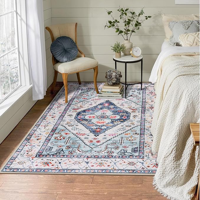 Lahome Boho Round Rug - 9Ft Washable Area Rug, Non-Slip Small Bathroom Rug, Lightweight Bedroom Throw, Oriental Distressed Print Carpet for Entryway, Sofa, Nursery, Kids Room