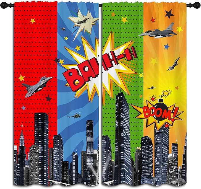 Superhero Rod Pocket Blackout Curtains for Boy Girl Bedroom, City War Explosion Comics Art Home Energy Efficient Light Filtering Window Curtain for Living Room, 42x63 inch