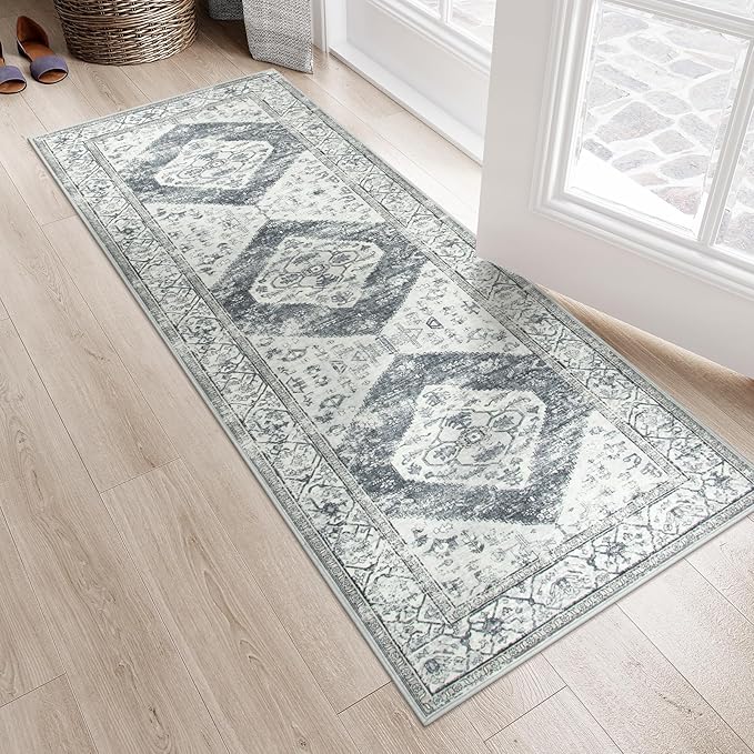Lahome Boho Small Rug - 2x5 Non-Slip Washable Laundry Room Rug, Lightweight Hallway Rugs Indoor, Oriental Distressed Print Carpet Runners for Bedroom Kitchen Bathroom