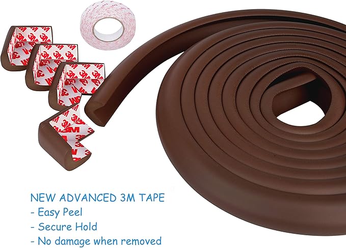 Sharp Edge and Furniture Safety Guards 20.4ft Protective Foam Cushion; 18ft Bumper 8 Adhesive Childsafe Corners Baby Caring Child Proofing Set NonToxic and Safe For Table, Fireplace, Countertop; Brown
