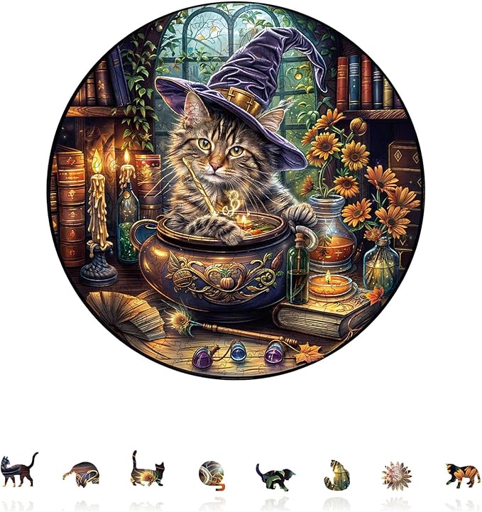 KAAYEE Wooden Puzzles for Adults, 3D Visual Effect Magic Feline Cat Wooden Jigsaw Puzzle Unique Shape Wood Puzzle Adult, 3D Effect Flat Puzzle Birthday Family Game (XL)