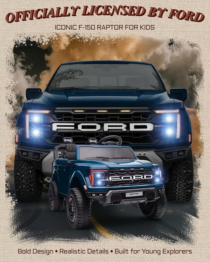 Licensed Ford F-150 Raptor 2 Seater Ride on Car for Kids, 24 Volt Ride on Toys for Boys w/Remote Control, Kids Electric Car w/LED Lights, Bluetooth, Truck Bed Storage, Soft Start (Blue)