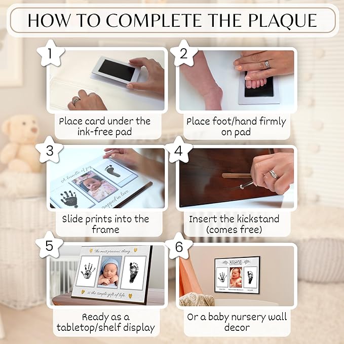 Inkless Hand and Footprint Kit, Baby Keepsake Plaque & Baby Shower Gifts - Ideal as Mom To Be Gift, Nursery Picture Frames, Clean Touch Hand and Footprint Kit (Style 2 - Design 6)