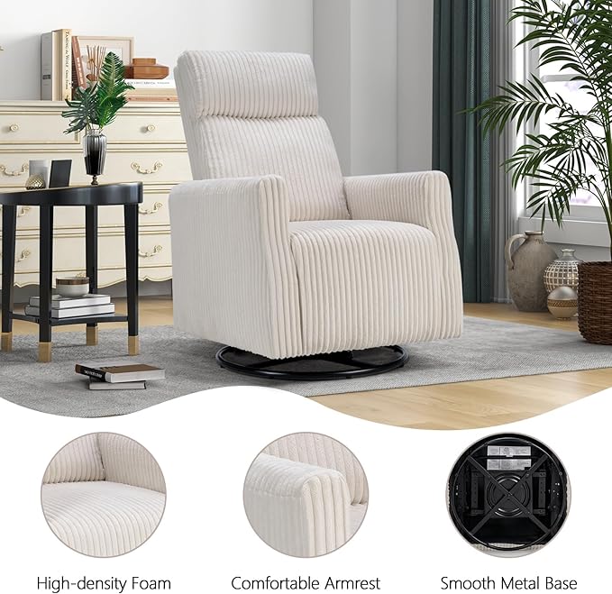 CANMOV Swivel Rocker Chair for Nursery, Swivel Accent Chair with High Back and Arms, Corduroy Glider Chair for Living Room Bedroom Nursery, Beige