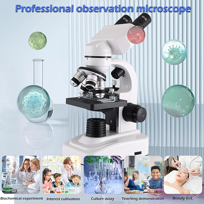 Compound Microscope，40X-2500X Research Class Professional Microscope，WF10x and WF25x eyepieces, Dual LED Lighting and Two-Layer Mechanical Stage，Microscope for Adults…
