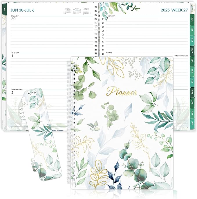 SUNEE Academic Planner 2025-2026 Weekly and Monthly, July 2025-June 2026, 8.5"x11", Tabs, Note Pages, Pockets, Bookmark, Flexible Cover, Spiral Binding, Greenery