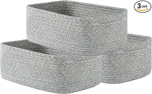 KALLAX Small Woven Basket, 12 x 8 x 4.5 Inches, Storage Basket for Organizing, Cute Small Rope Shelf Closet Cube Storage Bins Baskets for Shelves, Dog Toy Gift Baskets Empty, 3 Packs, Mixed Grey
