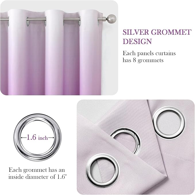HOMEIDEAS Purple Ombre Blackout Curtains 52 X 63 Inch Length Gradient Room Darkening Thermal Insulated Energy Saving Grommet 2 Panels Window Drapes for Living Room, Bedroom