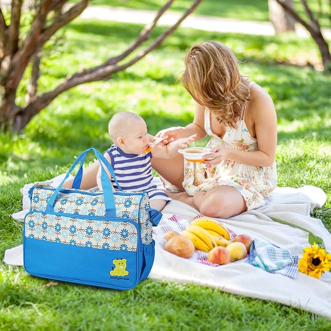 Moclever Diaper Bag Tote Set, 5PCS Baby Bags for Mom and Dad – Large Maternity Travel Bag with Insulated Bottle Holder, Food Bag & Portable Changing Pad, Waterproof Baby Essentials Organizer (Blue)