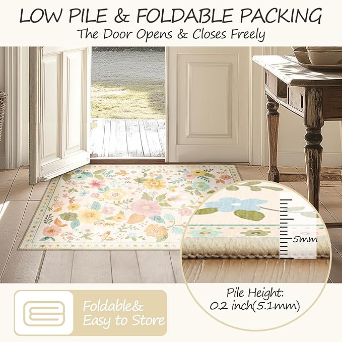 Floral 9x12 Area Rug Machine Washable Soft Print Boho Carpet Non Slip Doormat Low Pile Flower Area Rugs for Living Room Bedroom Nursery Kitchen Dining Room Indoor-Beige/White/Orange