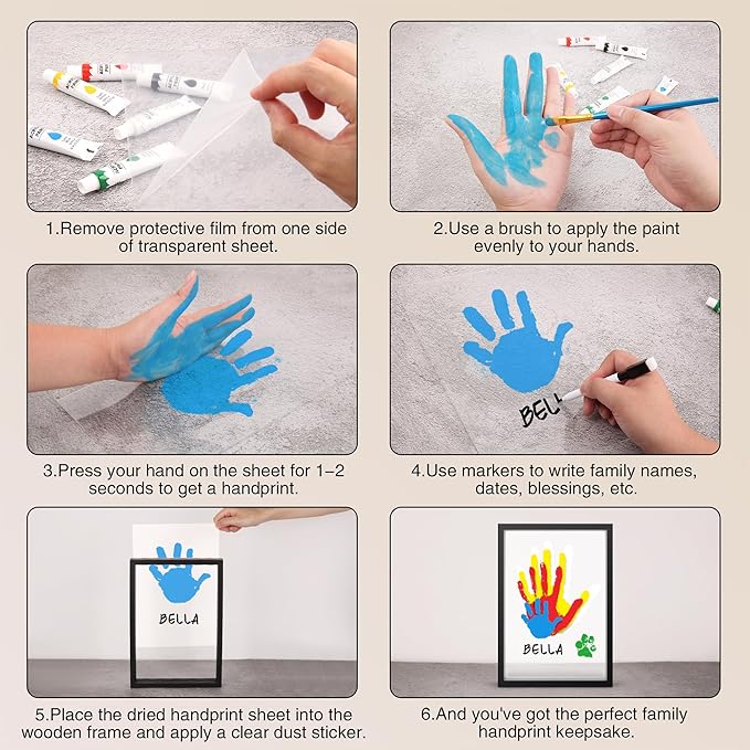 Family Handprint Kit, Hand Prints Keepsake Frame, DIY Craft Gift for New Parents & Mom & Baby, Grandparents, Mother's Day, Father's Day, Adoption Day, Anniversary, 6 Non -Toxic Paints (Black)