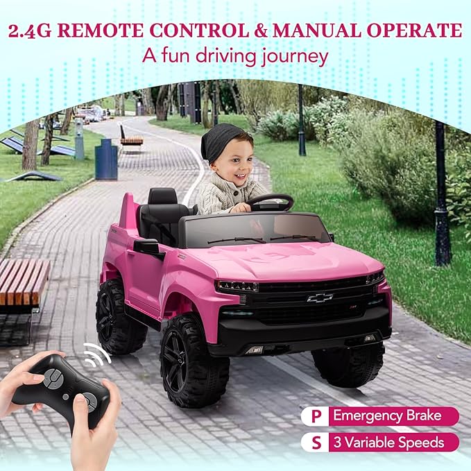 Hetoy 24V 2-Seater Truck Licensed Chevrolet Silverado Ride On Car Toy w/Parent Remote Control,4xSpring Suspension, 3 Speeds, Wireless Music, MP3 Player, Electric Vehicle Car for Kids, Pink