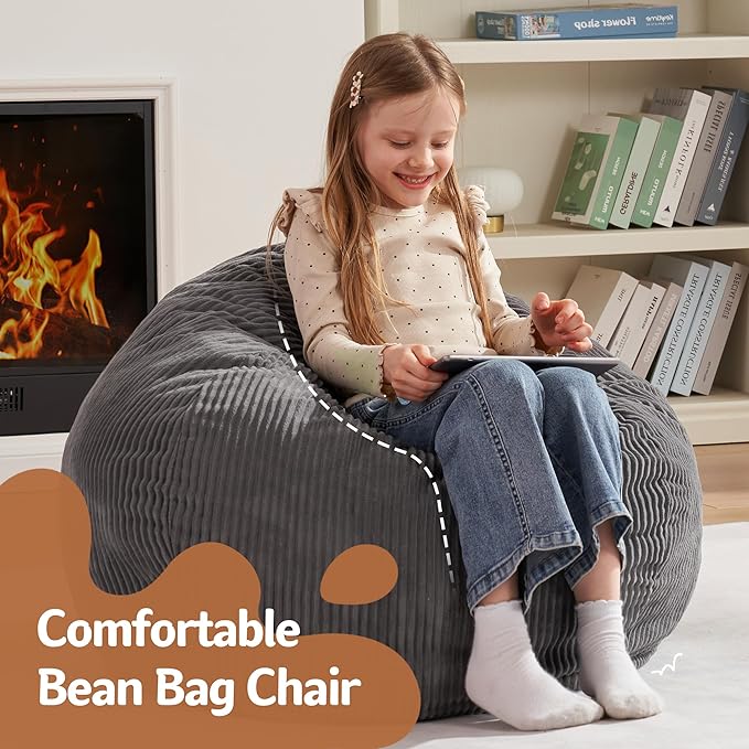 Homguava 2FT Bean Bag Chair,Teardrop Bean Bags Small Beanbag Chair with Memory Foam Filled and Ultra Soft Corduroy Cover for Living Room, Bedroom (Small,Grey)