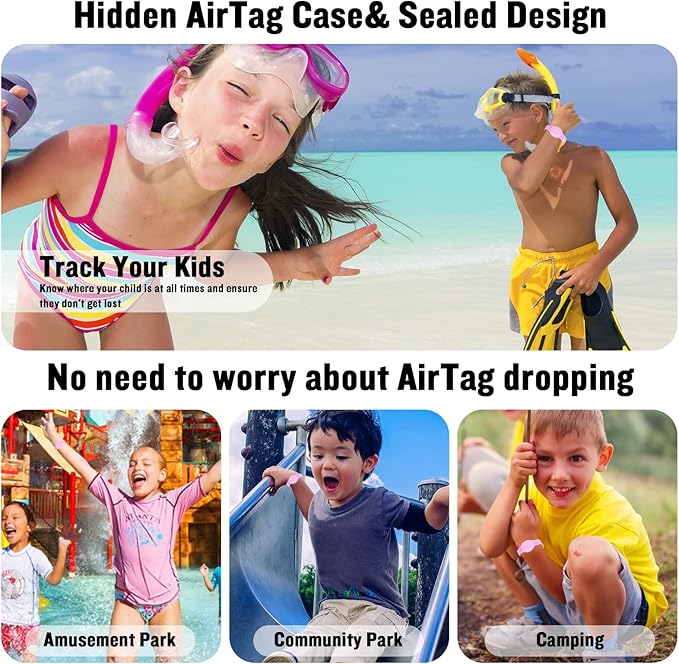 2 Pack Waterproof AirTag Bracelet for Kids, Hidden Silicone Wristband for AirTag, GPS Tracker Case for Air Tag Holder Strap Band for Child Toddler, Secure Anti-Loss Protection(Pink Purple)