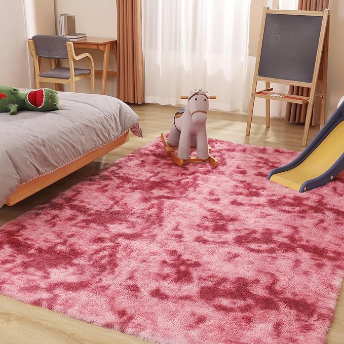 Area Rugs 9x12, Fluffy Rugs for Living Room, Ultra Soft Rugs for Bedroom, Non-Slip Indoor Carpet for Nursery, Kids Room, Playroom, Home Decor, Tie-Dyed Dark Pink