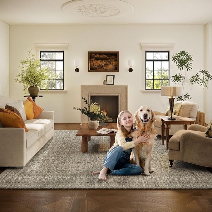 Washable Area Rugs for Living Room: 10x14 Bedroom Rug Vintage Large Rugs Stain Resistant Non Slip Low Pile Soft Lightweight Carpet for Kitchen Dining Room Farmhouse Nursery Kids Room