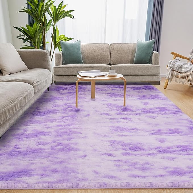 Luxury 4x6 Area Rug, Ultra Soft Rugs for Living Room, Plush Carpet Rugs for Bedroom, Non-Slip Indoor Rug for Nursery, Study Room, Playroom, Home Decor, Tie-Dyed Purple