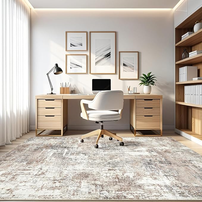 7x9 Area Rug Living Room: Machine Washable Large Abstract Modern Soft Rugs Stain Resistant Indoor Floor Non Slip Accent Carpet for Bedroom Nursery Playroom Office Dining Room Dorm Home House- Brown