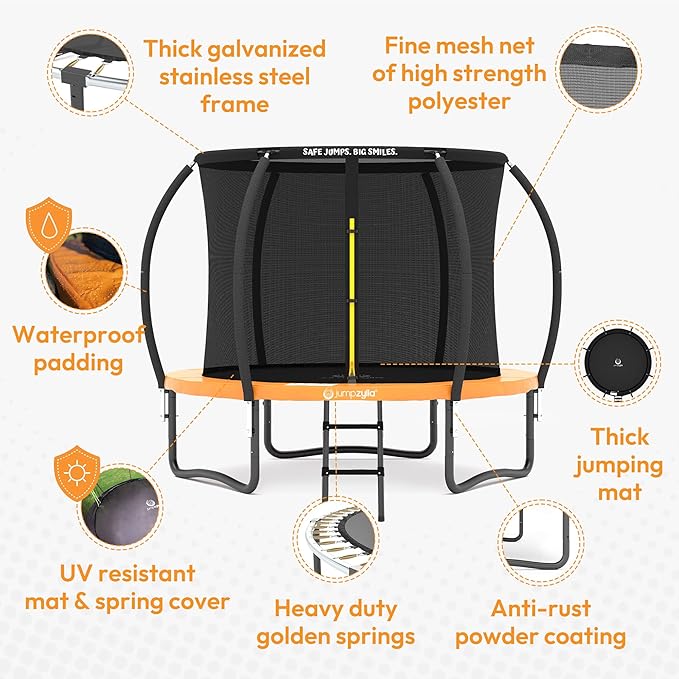 JUMPZYLLA Trampoline Outdoor 8FT 10FT 12FT 14FT 15FT 16FT with Enclosure and Ladder, ASTM Approved Recreational Trampoline for Kids and Adults, Anti-Rust Coated Frame