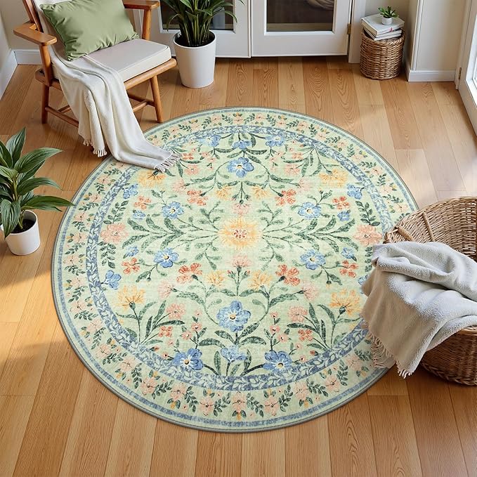 Wonnitar Washable Floral Round Rug, 6ft Sage Green Round Area Rugs for Bedroom Nursery, Boho Non-Slip Indoor Large Circle Carpets for Dining Room Living Room Kids Playroom