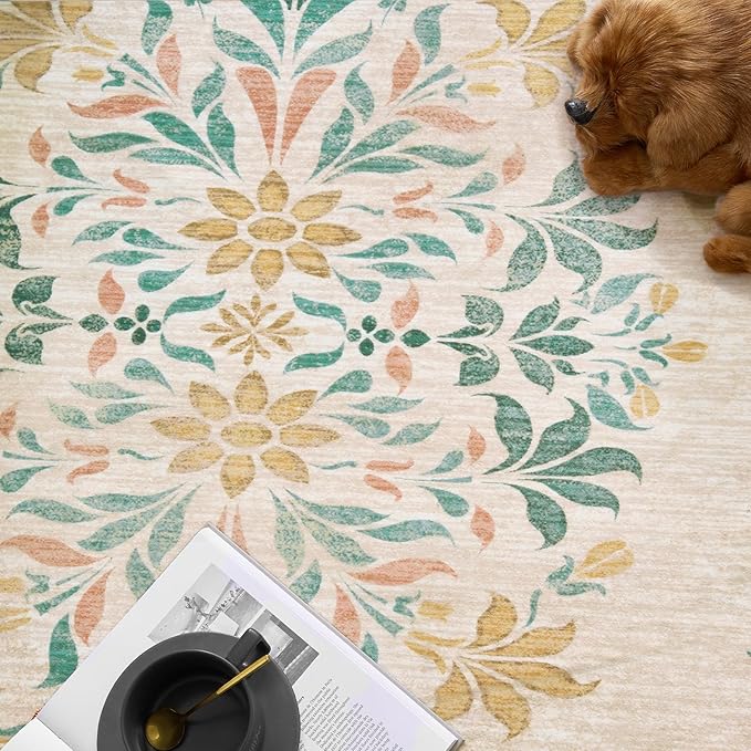 jinchan Round Rug 5ft Area Rugs Vintage Floral Distressed Design,Machine Washable Soft Non-Slip Low-Pile Ultra-Thin Circle Rug for Entryway Living Room Dining Room Bedroom (5' Round,Apricot Multi)