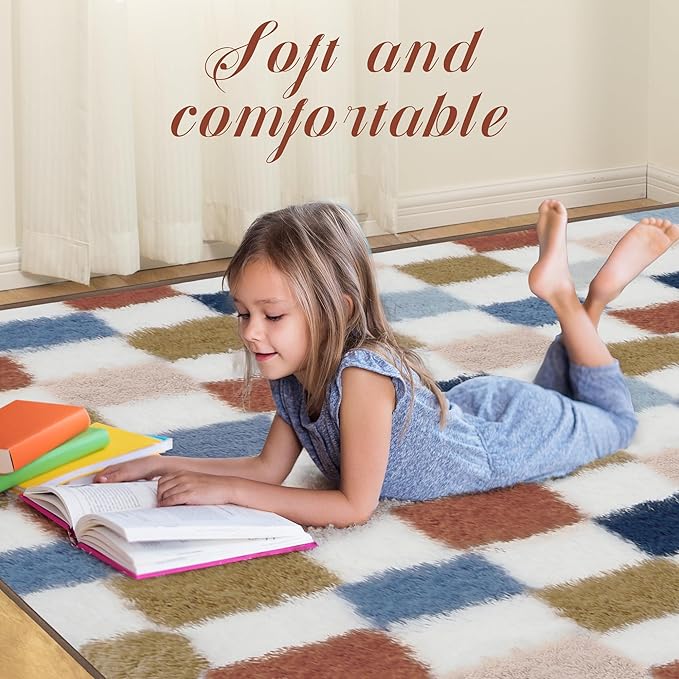Super Soft Rug for Bedroom, 6x9 Ft Rainbow Area Rug Classic Checkered Shaggy Rug Anti-Skid High Pile Soft Fluffy Fuzzy Carpet for Living Room Bedroom Kids Room Nursery, Dorm Home Decor