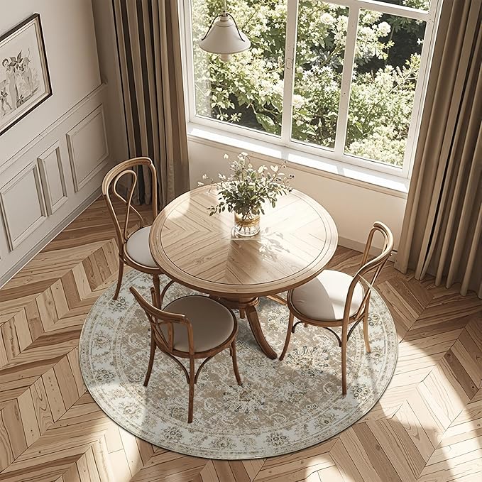 jinchan Round Rug 6ft Area Rug - Taupe Vintage Floor Mat Kitchen Indoor Ultra-Thin Soft Floral Print - Washable Circle 6' Retro Accent for Farmhouse Non Slip Dining Room Living Room Bedroom Office