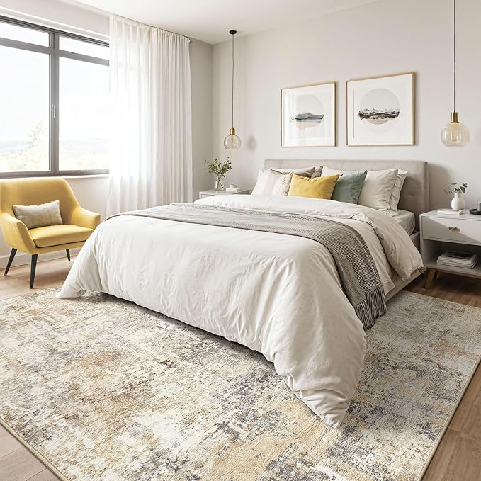 Area Rugs 8x12 Living Room: Washable Large Abstract Modern Soft Rugs Stain Resistant Indoor Floor Non Slip Accent Carpet for Bedroom Nursery Playroom Office Dining Room Dorm Home Decor- Gray Gold