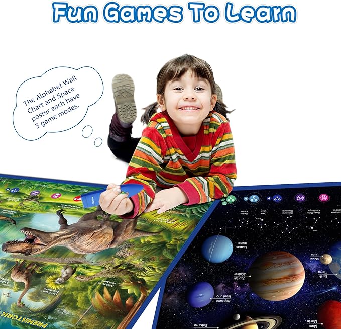 Bilingual Interactive for Kids Talking Dinosaur Space Poster for Kids Learning and Educational Toys,Talking Educational Dinosaur Toy for Ages 3 to 12 Years Old,Space Theme Wall Decor for Preschool