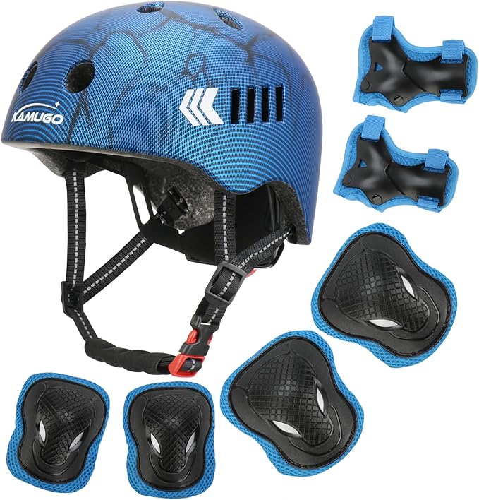 KAMUGO Kids Bike Helmet Set, Toddler Helmet for Ages 2-8 Boys Girls with Sports Protective Gear Set Knee Elbow Wrist Pads for Skateboard Cycling Scooter Rollerblading