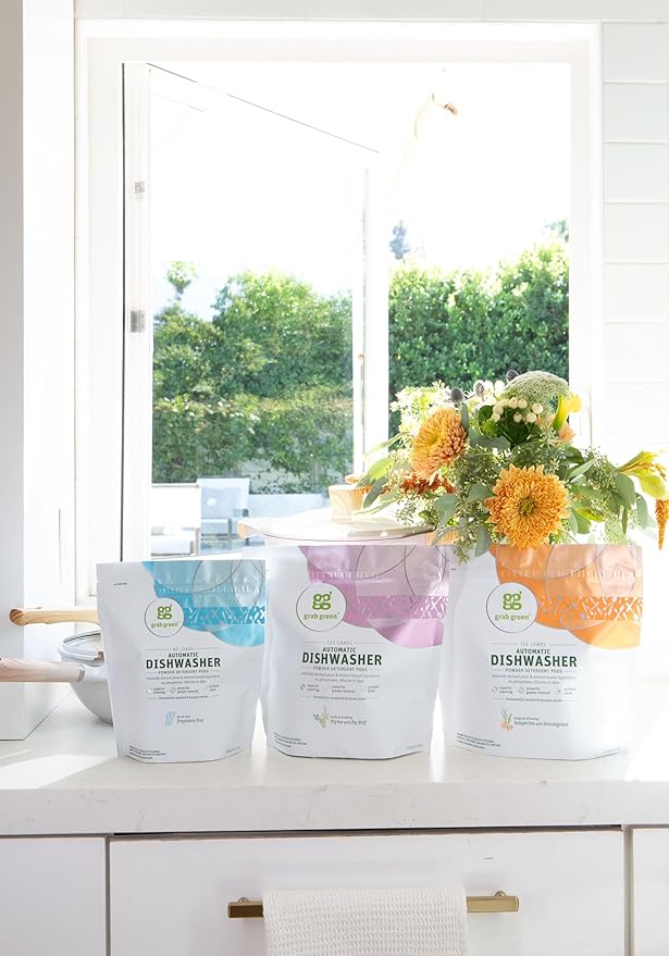 Grab Green Automatic Dishwashing Detergent Pods, 24 Count, Tangerine Lemongrass Scent, Plant and Mineral Based, Superior Cleaning, Powerful Grease Removal, Brilliant Shine