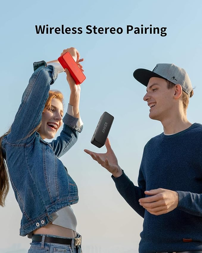 Anker SoundCore 2 Portable Bluetooth Speaker, Wireless, Enhanced Bass, 24-Hour Playtime, 66ft Range, IPX7 Water Resistant, Built-in Mic, Ideal for Travel, Compact and Easy to Use - Red