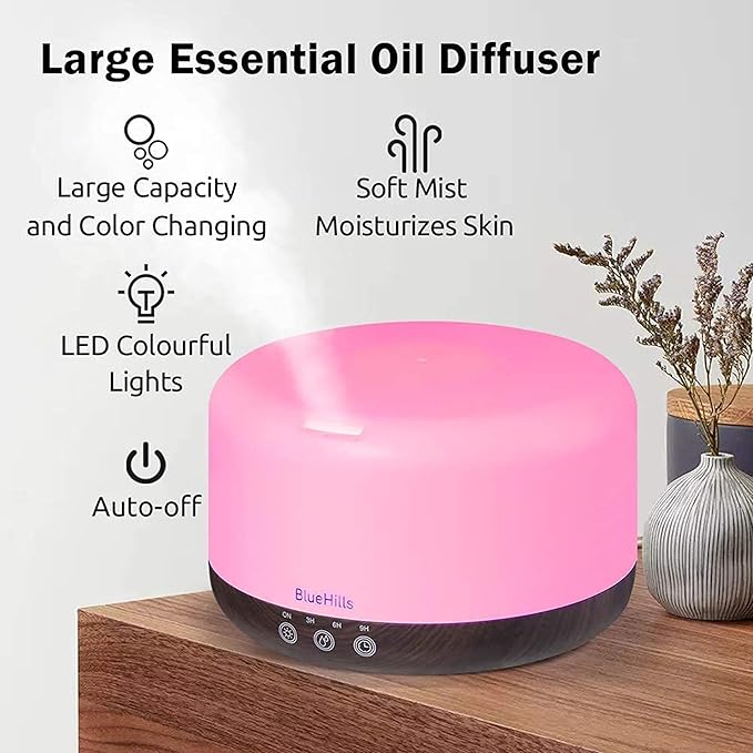 BlueHills Premium 1000 ML Large Essential Oil Diffuser Humidifier for Room Home Aromatherapy Big Capacity Oil Diffuser with Décor LED Lights Long Running Round Diffuser Dark Wood Grain – D002