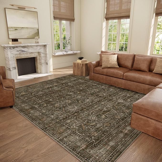 Washable 8x10 Area Rugs for Living Room, Boho Non-Slip Silicone Backing Rugs for Bedroom Dining Room Nursery Office, 0.3" Neutral Oriental Throw Carpet with 0.16" Cushioning Pad, Deep Brown/Multi