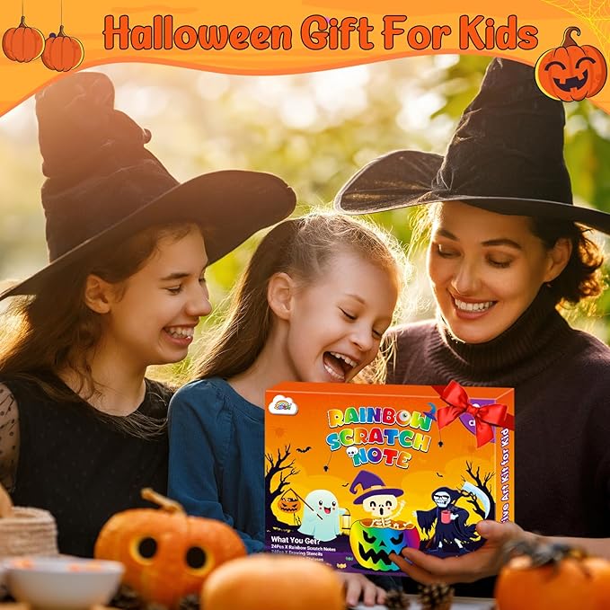 ZMLM Rainbow Scratch Party Favors Kids: Birthday Gifts Toy Bulk Scratch Art Notebook 24 Pack Birthday Goodie Bags Stuffers Girls Boys Art Craft Pad Classroom Prizes School Teacher Supplies (Halloween)