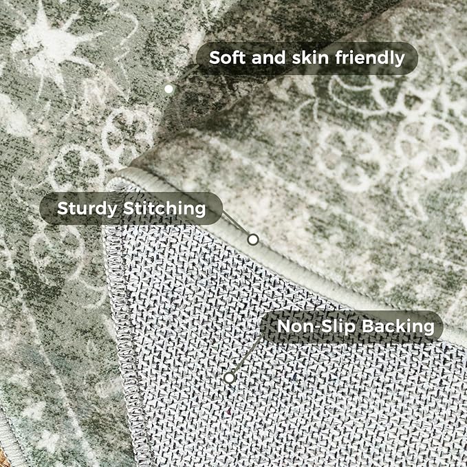 jinchan Round Rug 7ft Area Rug - Green Vintage Floor Mat Kitchen Indoor - Washable Circle 7' Thin Floral Print Carpet Retro Farmhouse Non Slip Dining Room Living Room Bedroom Office