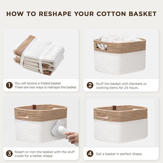 UBBCARE 4 Pack Baskets for Organizing, Woven Storage Baskets with Label for Toys and Towel, Rectangle Cotton Rope Basket with Handles, 15''L x10''W x9''H, Navy Blue&White