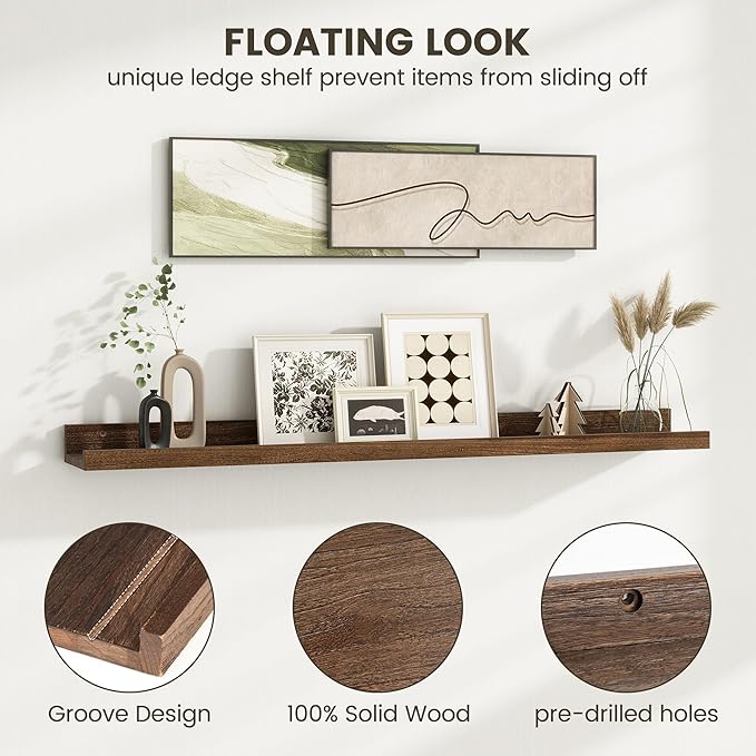 Picture Ledge Shelf - 24 Inches Floating Shelves Set of 2 - Rustic Elm Wood Ledge Shelves for Toys Storage, Kids Bookshelf Wall Mounted for Bedroom, Living Room, Kitchen - 24 Inches - Walnut Color