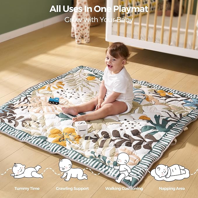 Momcozy Baby Play Mat for Floor, 50x50 Thickened Playpen Mat, Playmate for Baby Tummy Time, Waterproof & Non-Slip, Foldable Outdoor Mat with Carrying Handle, Forest World