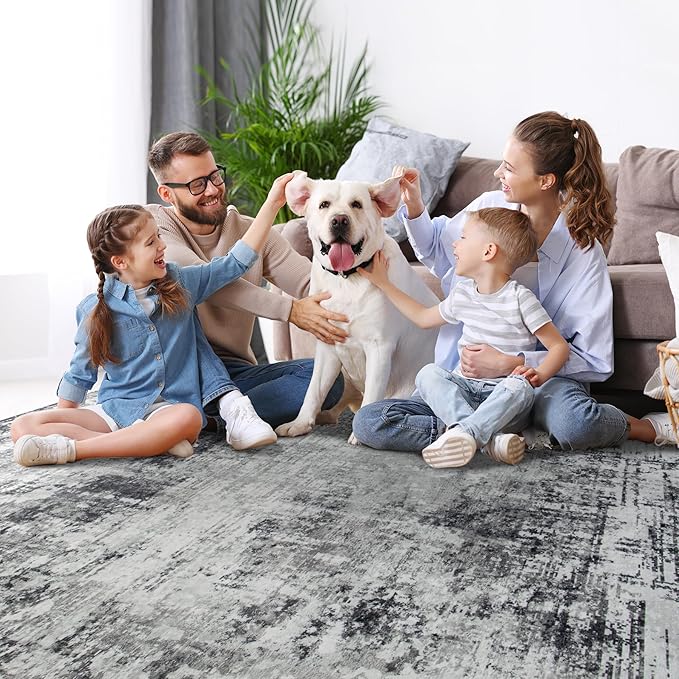 5x7 Area Rugs for Living Room Rug Washable: Modern Rug for Dining Room Bedroom Carpet Non Slip Low Pile 5 by 7 Indoor Abstract Nursery Home Office Black Grey