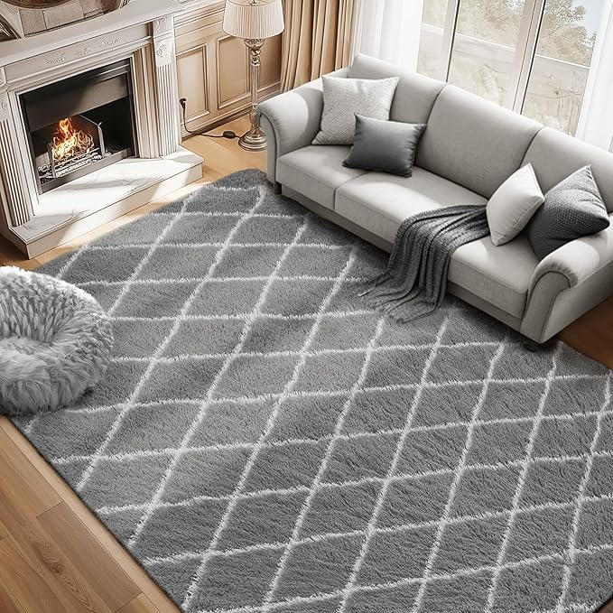 Fluffy Rug for Bedroom, 6X9Feet Stripe Checkered Rug Anti-Skid High Pile for Living Room Bedroom Kids Room Nursery, Dorm Home Decor