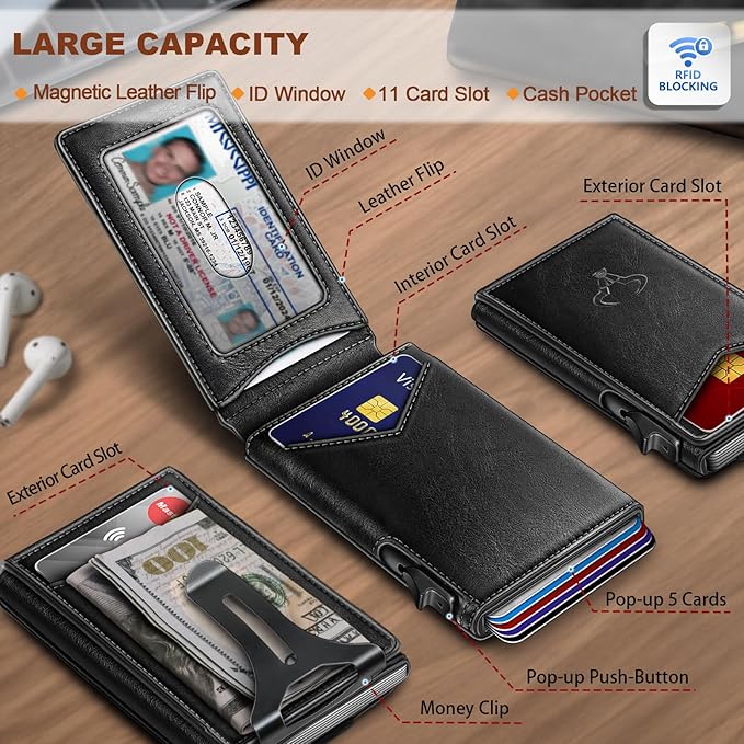 BULLIANT Men Wallet,Money Clip Wallet Slim For Gift Men 9Cards-Metal Credit Card Case in Magnetic Leather Flip