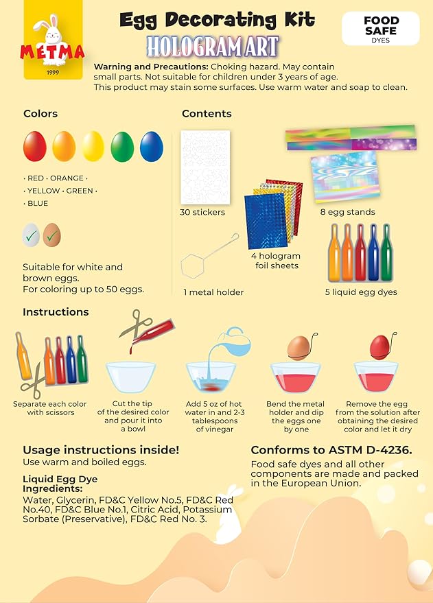 METMA 1999 Egg Decorating Kit Hologram - Complete Decorative Eggs Set with Liquid Dyes, Stickers, Egg Spinner, and More - Fun Easter Egg Dye Kit Arts and Crafts for Kids (Hologram Art)