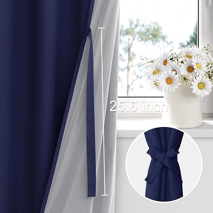 XWZO 100% Blackout Curtains with Tiebacks- Extra Wide Full Shade Window Drapes Thermal Insulated Double Layer with Black Liner for Bedroom/Living Room, Rod Pocket, Navy Blue, W70 x L63, Set of 2